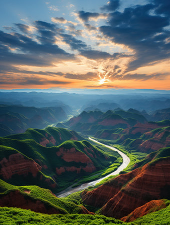 Mountain landscape with river and sky at sunset, Zhangjiajie, Chinaの素材