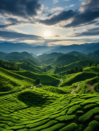 Tea Plantation in the Cameron Highlands, Malaysia. Landscape of tea plantation at sunsetの素材