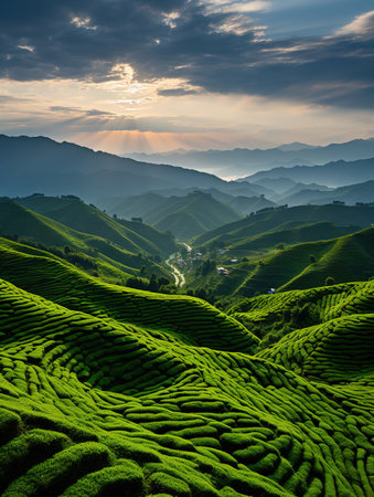 Tea Plantation at Sunrise in the Cameron Highlands, Malaysia, Asiaの素材