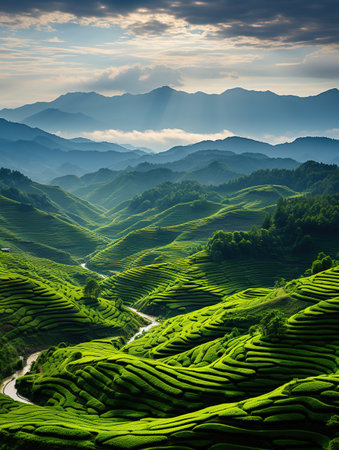 Tea Plantation in the Cameron Highlands, Malaysia. Nature landscape backgroundの素材