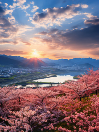 Cherry blossoms and lake at sunset in spring time, Japanの素材