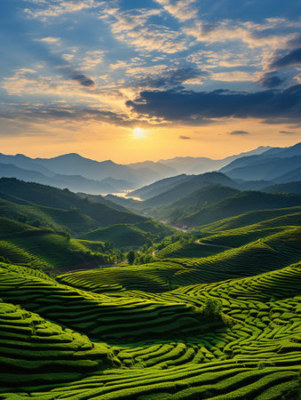 Tea Plantation at Sunset in Mu Cang Chai, YenBai, Vietnamの素材