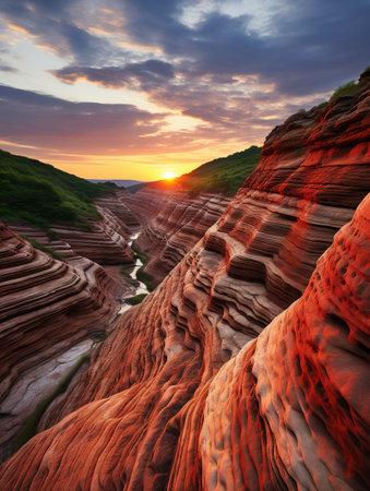 Beautiful red sandstone cliffs at sunset, Ubon Ratchathani, Thailandの素材