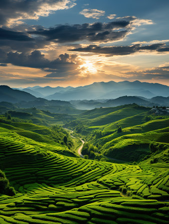 Tea Plantation at sunset, Mu Cang Chai, Vietnamの素材
