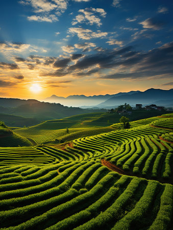 Tea Plantation at Sunrise in Chiang Rai Province, Thailand.の素材