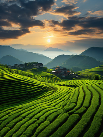 Green tea plantation at sunset in Mu Cang Chai, Vietnamの素材