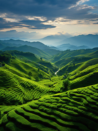 Tea Plantation in the Cameron Highlands, Malaysia. Nature landscape backgroundの素材