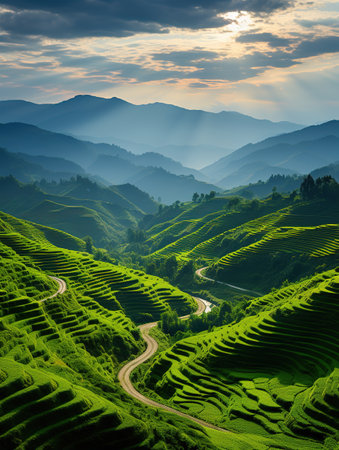 Green tea terraces at sunset, Mu Cang Chai, Vietnamの素材