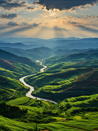 Green tea terraces at sunset, Mu Cang Chai, Vietnamの素材