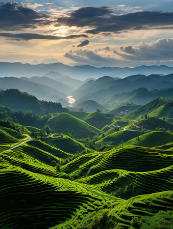 Green tea terraces at sunset in Guilin, China.の素材