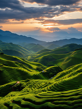 Longji Rice Terraces at sunset, Longji, Guilin, Chinaの素材