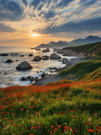 Beautiful sunset over the sea with red poppies in the foregroundの素材