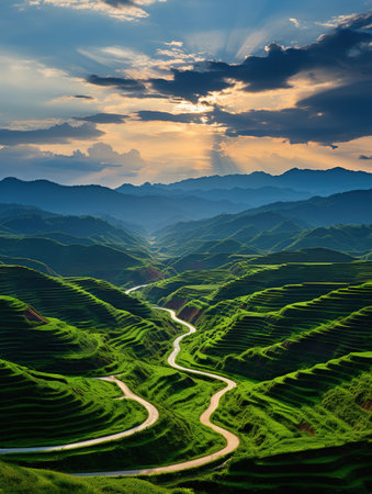 Green tea terraces at sunset in Yunnan province, China.の素材