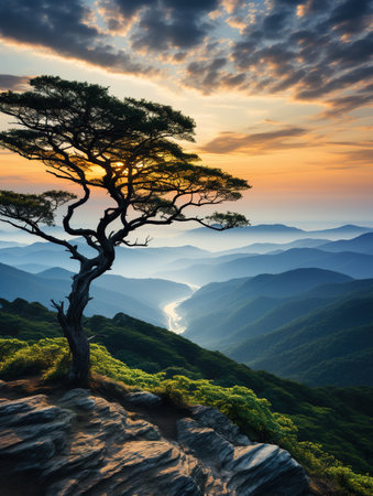 Pine tree on the top of mountain at sunrise. Beautiful landscape.の素材