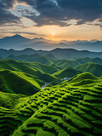 Green tea terraces landscape at sunset, Mu Cang Chai, Vietnamの素材