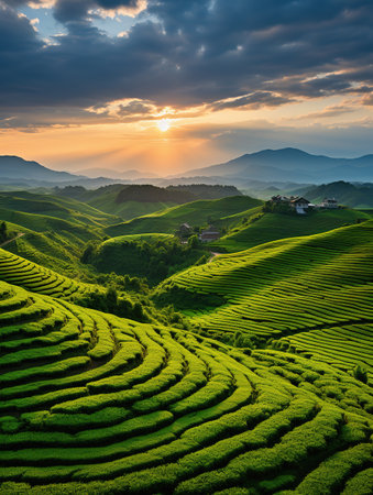 Tea Plantation at Sunrise in the Chiang Rai Province, Thailandの素材