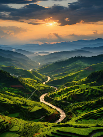 Rice terraces at sunset in Mu Cang Chai, Vietnamの素材