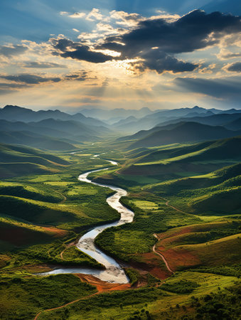 Beautiful landscape with river in the mountains at sunset, China.の素材