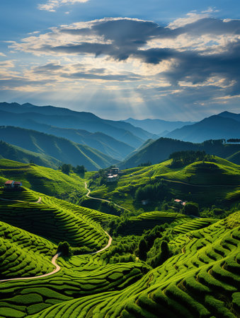 Tea Plantation at Sunrise in Chiang Rai Province, Thailand.の素材