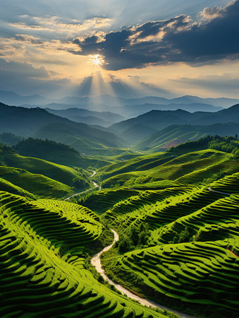 Green tea terraces at sunset in Mu Cang Chai, Vietnamの素材