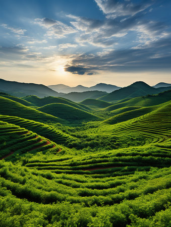 Green tea terraces at sunset in Yixian county, China.の素材