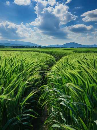 Green rice field and blue sky with white clouds. Agricultural landscape.の素材