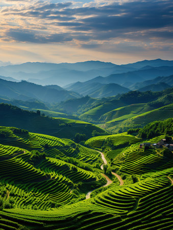 Green tea terraces at sunset in Mu Cang Chai, Vietnamの素材