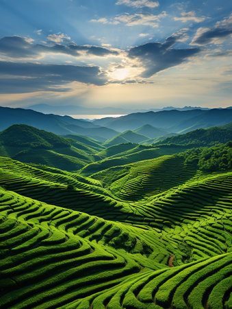 Green tea terraces at sunset in the countryside of Mu Cang Chai, Vietnamの素材