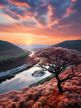 Beautiful spring landscape with cherry blossom tree and river at sunsetの素材