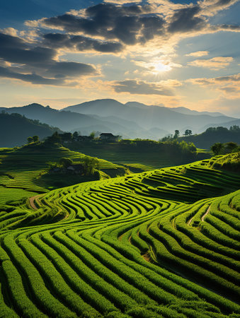 Tea Plantation at Sunrise in Thai, Thailand. Beautiful Nature Background.の素材