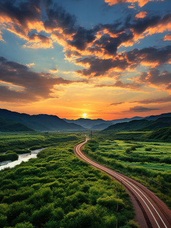 beautiful landscape with road and sunset in the mountains. Thailand.の素材