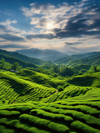 Tea Plantation at Sunrise in Munnar, Kerala, India.の素材