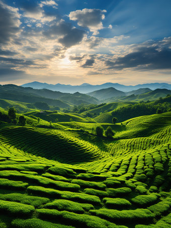 Tea Plantation at Sunrise in Thai, Chiang Rai, Thailandの素材