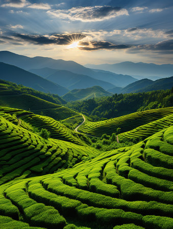 Tea Plantation at Sunrise, Chiang Rai Province, Thailand.の素材