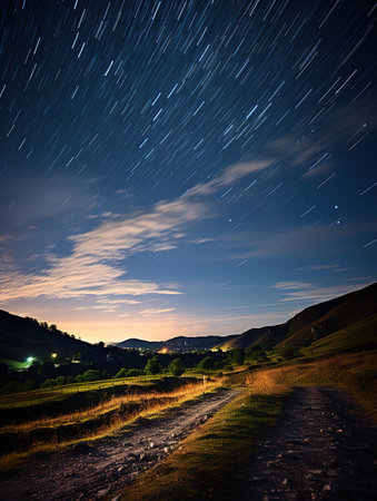 Night sky with stars and milky way over rural road. Long exposure.の素材