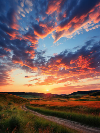 Dramatic sunset over the meadow. Ukraine. Europe.の素材