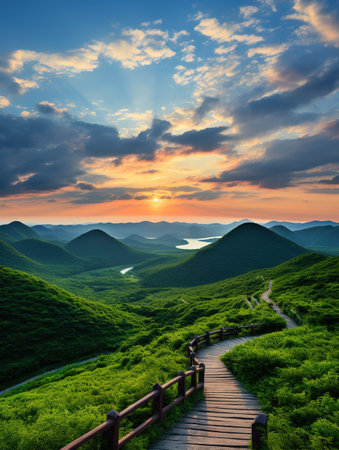 Mountain landscape at sunset. Beautiful natural scenery with green hills at sunset.の素材