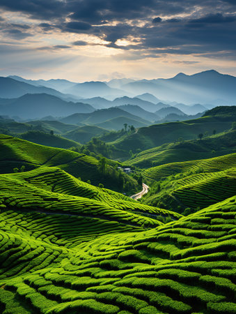 Tea Plantation at Sunrise in Chiang Rai Province, Thailand.の素材