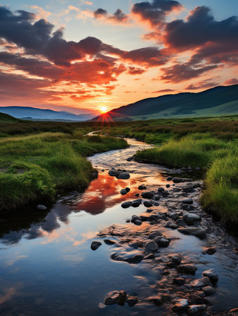 Sunset in the mountains with a small river. Ukraine, Carpathiansの素材