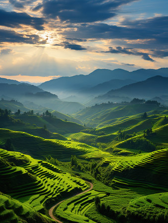 Rice fields at sunset in Mu Cang Chai, YenBai, Vietnamの素材