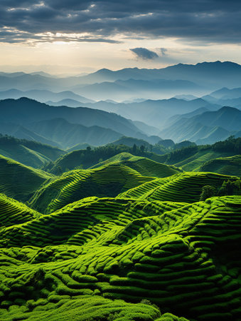 Beautiful landscape of tea plantation at sunrise in Chiang Rai, Thailandの素材