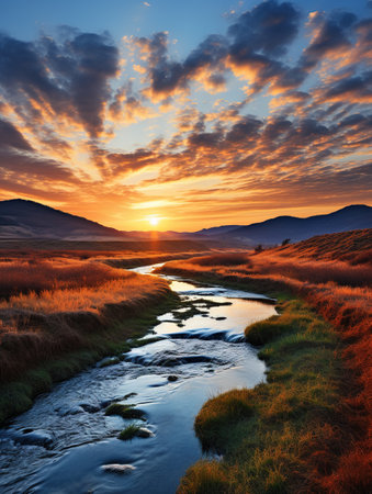 Sunset over a stream in the highlands of Scotland, UKの素材