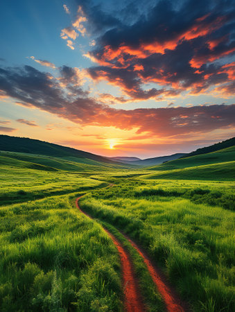 Beautiful sunset in the mountains. Landscape with grass and roadの素材