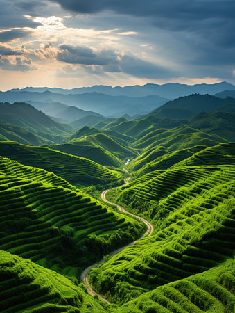 Green tea terraces at sunset,chiangmai,Thailandの素材