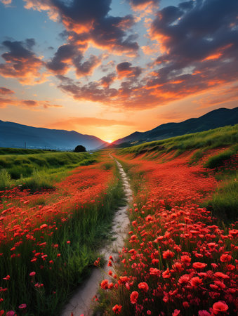 Sunset over poppies field in Carpathian mountains, Ukraineの素材