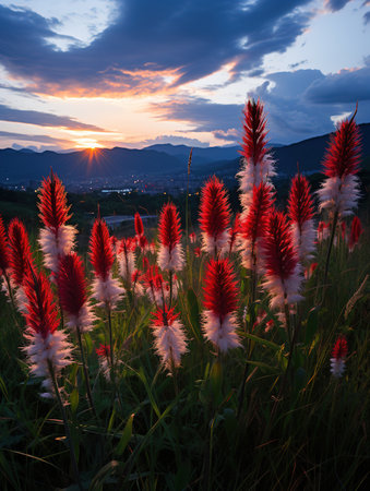 Sunset in the mountains with red and white wildflowers.の素材