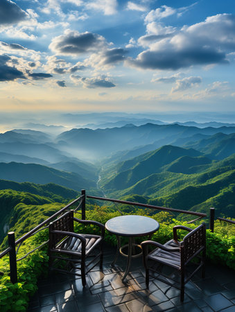 Table and chairs on terrace of coffee shop in the mountains.の素材