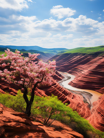 beautiful landscape with red rocks and green trees on a background of blue skyの素材