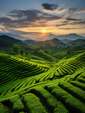 Tea Plantations at Sunrise, Chiang Rai Province, Thailand.の素材