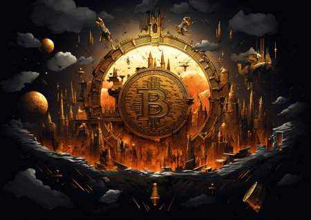 Golden bitcoin coin on the background of the night city. 3D illustrationの素材